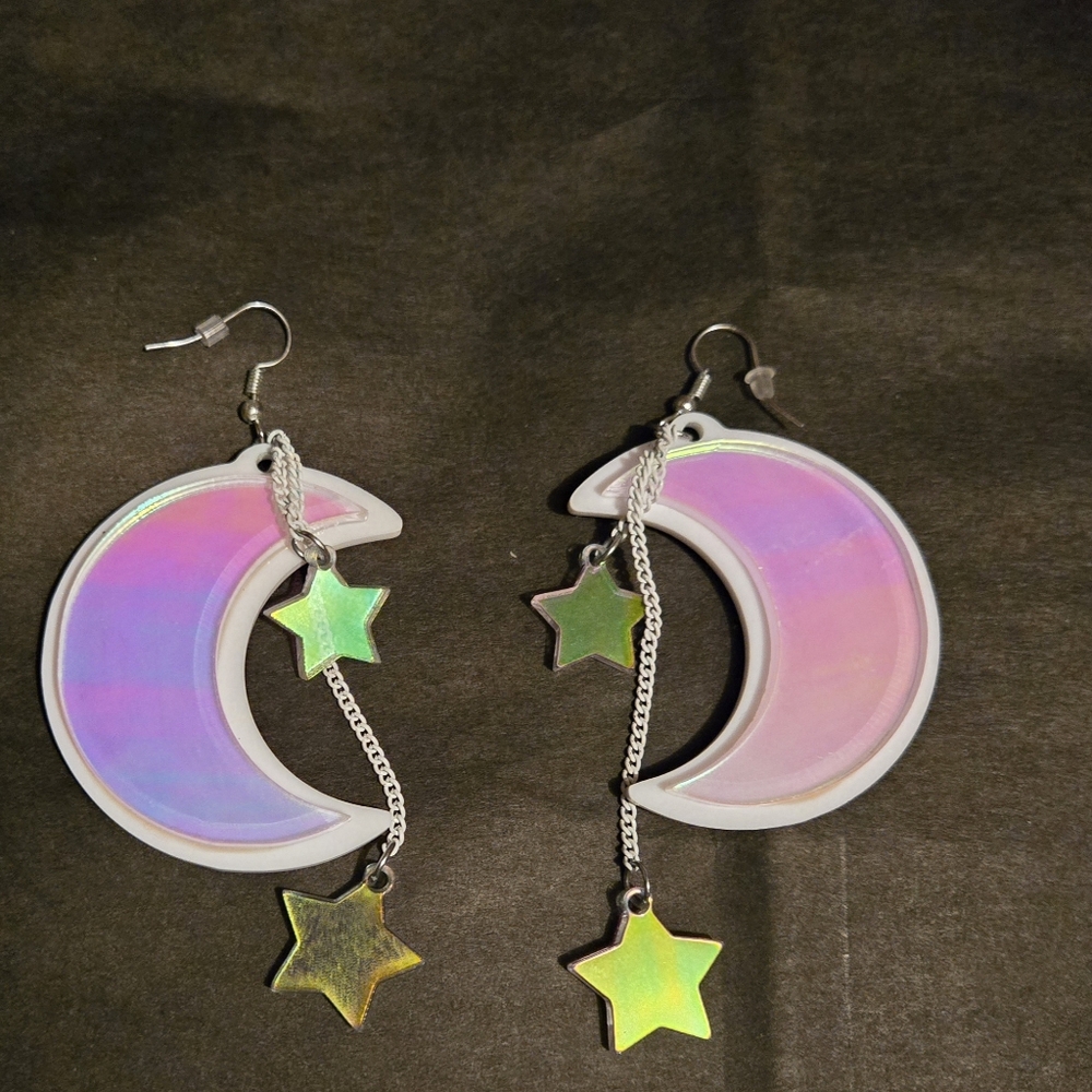 Iridescent Crescent Moon and Star Earrings